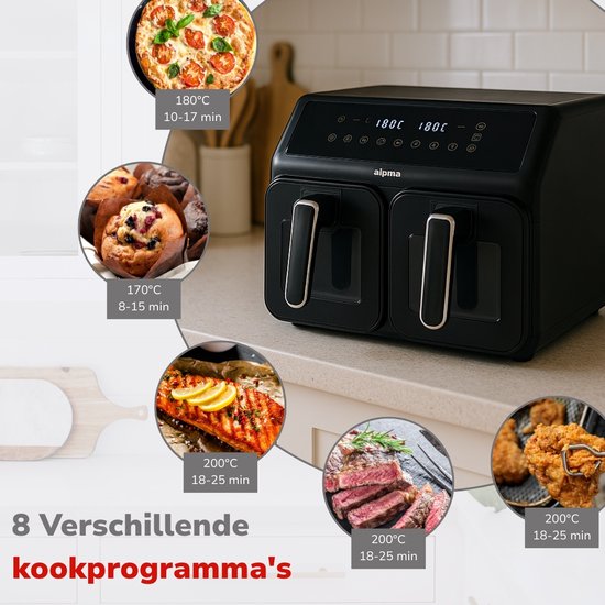 alpina Doppel-Airfryer XXL – Heißluftfritteuse 2x4 l – Airfryer mit digitalem Touchscreen – Heißluftofen für 6 Personen und mehr – 8 Kochprogramme – Sync-Modus – Timer-Funktion