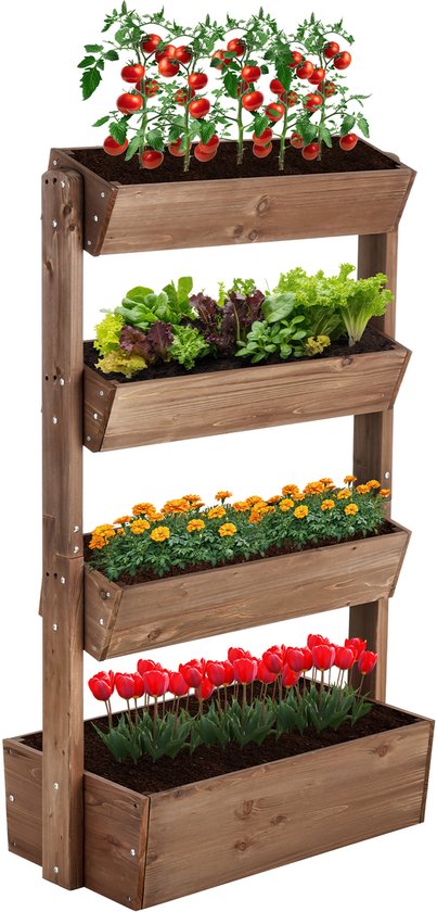 tectake® Vertical Garden Flora - Mit 4 Pflanzgefäßen für Blumen, Kräuter oder Gemüse - Braun - 85 x 45 x 140 cm - Gärtner für den Nutzgarten - Kippbare Blumenkästen aus lackierter Kiefer - Inklusive Vlies/Wurzeltuch - Wetterfest und stabil
