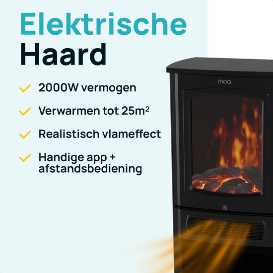 MOA Elektrischer Dekokamin – mit App – Kamin mit Heizfunktion – 2000 W – freistehender Kamin – offener Kamin – realistische LED-Kaminbeleuchtung – schwarz