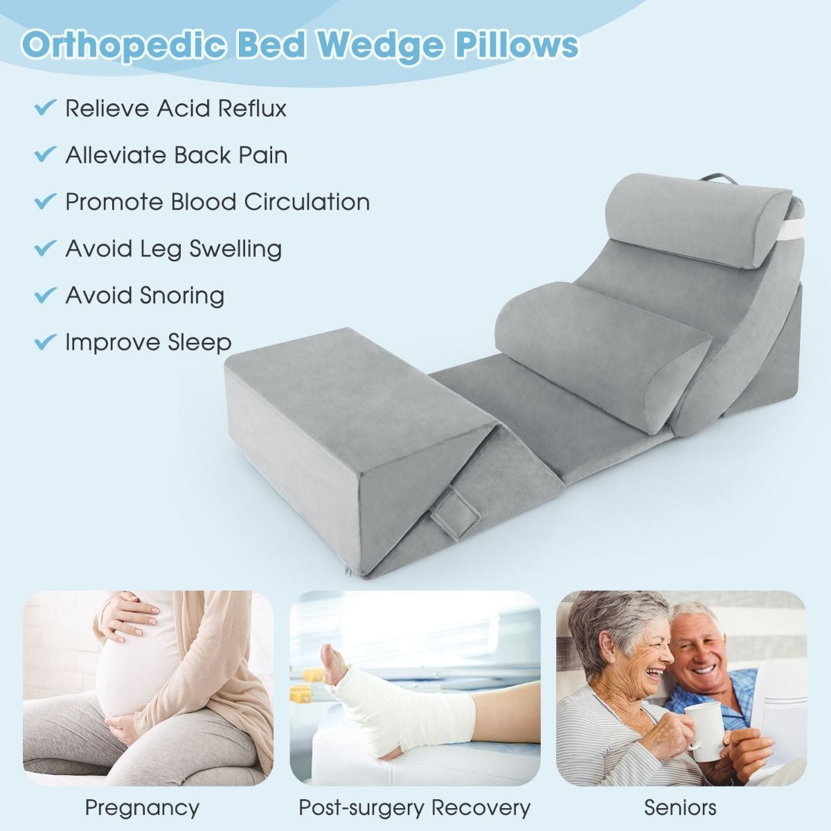 Coast 7er-Set Memory Foam Lesekissen / Orthopädische Kissen / Waschbarer Bezug / Ergonomisch / Grau
