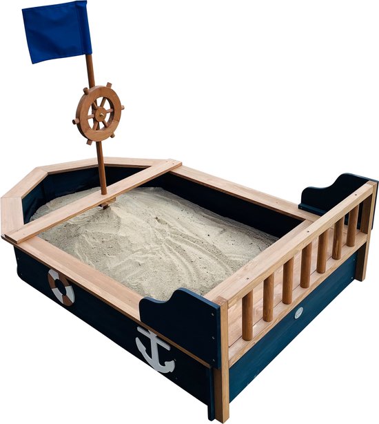 AXI Doris Boot Sandkasten mit Aufbewahrungsbank Anthrazit/Braun – Flagge und Holzsteuerrad – Inklusive Abdeckplane und Bodenplane – 10 Jahre Garantie!