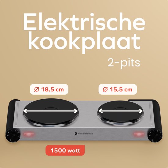 KitchenBrothers Elektrokochfeld - 2 Brenner - Freistehend - 7 Temperaturstufen - 1500W + 1000W - Edelstahl/Schwarz