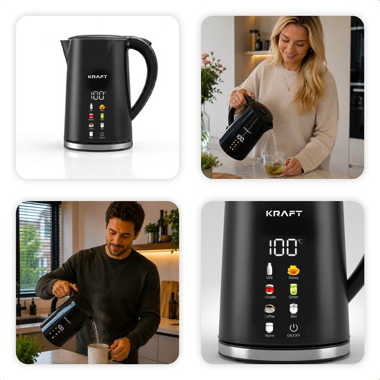 KRAFT Wasserkocher mit Temperaturregelung – 1,7 Liter – LED-Touch – Schwarz – 2200 W