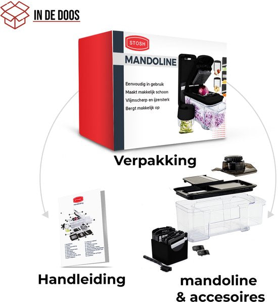 Stosh Mandoline – Gemüseschneider – Zwiebelschneider – Spiralschneider – Pommes-Frites-Schneider – Reibe – 6-teilig – Schwarz – Edelstahl – BPA-frei