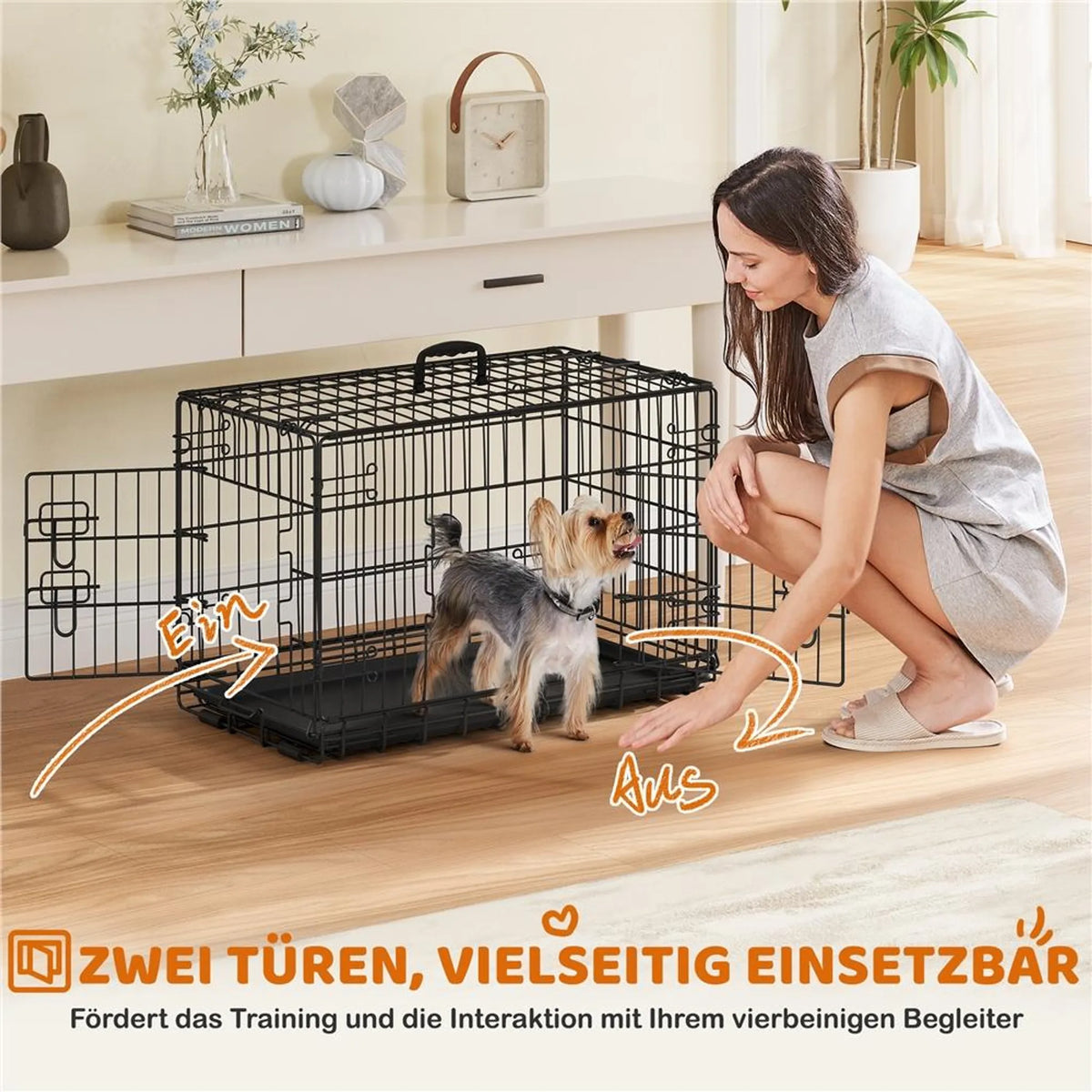 Yaheetech Faltbare Hundebank - 76 x 45 x 51 cm - Mit Trennwand und abnehmbarer Bodenplatte und Doppeltür - Für kleine Hunde - Schwarzes Metall und Kunststoff