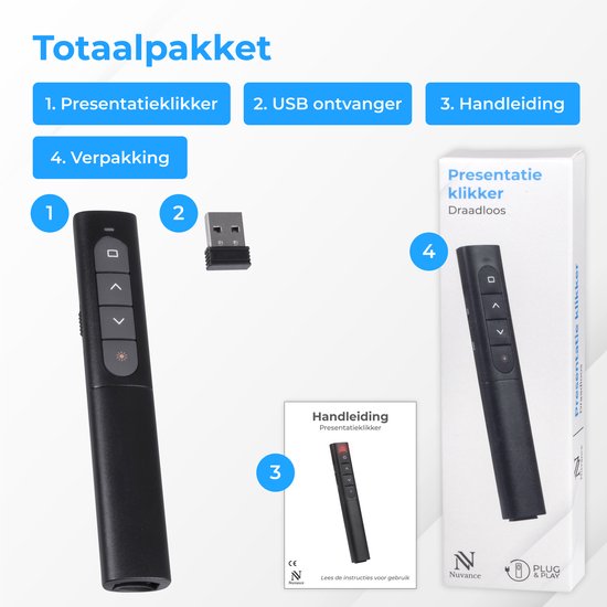 Nuvance - Presentation Clicker - Kabelloser Presenter für Präsentationen - USB Powerpoint-Fernbedienung mit Laserpointer - Schwarz