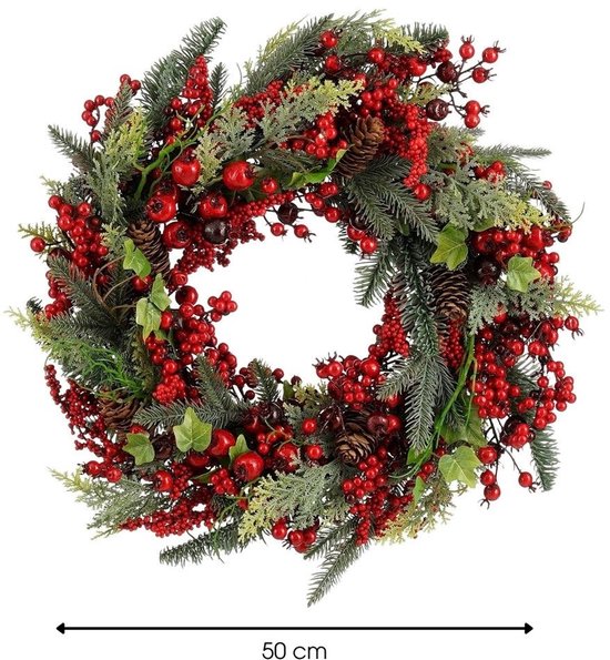 Mica Decorations Norah Weihnachtskranz mit Tannenzapfen – Weihnachtsdekoration im traditionellen Stil – Türkranz für den Flur oder die Haustür – H 13 x Ø 50 cm – Rot und Grün
