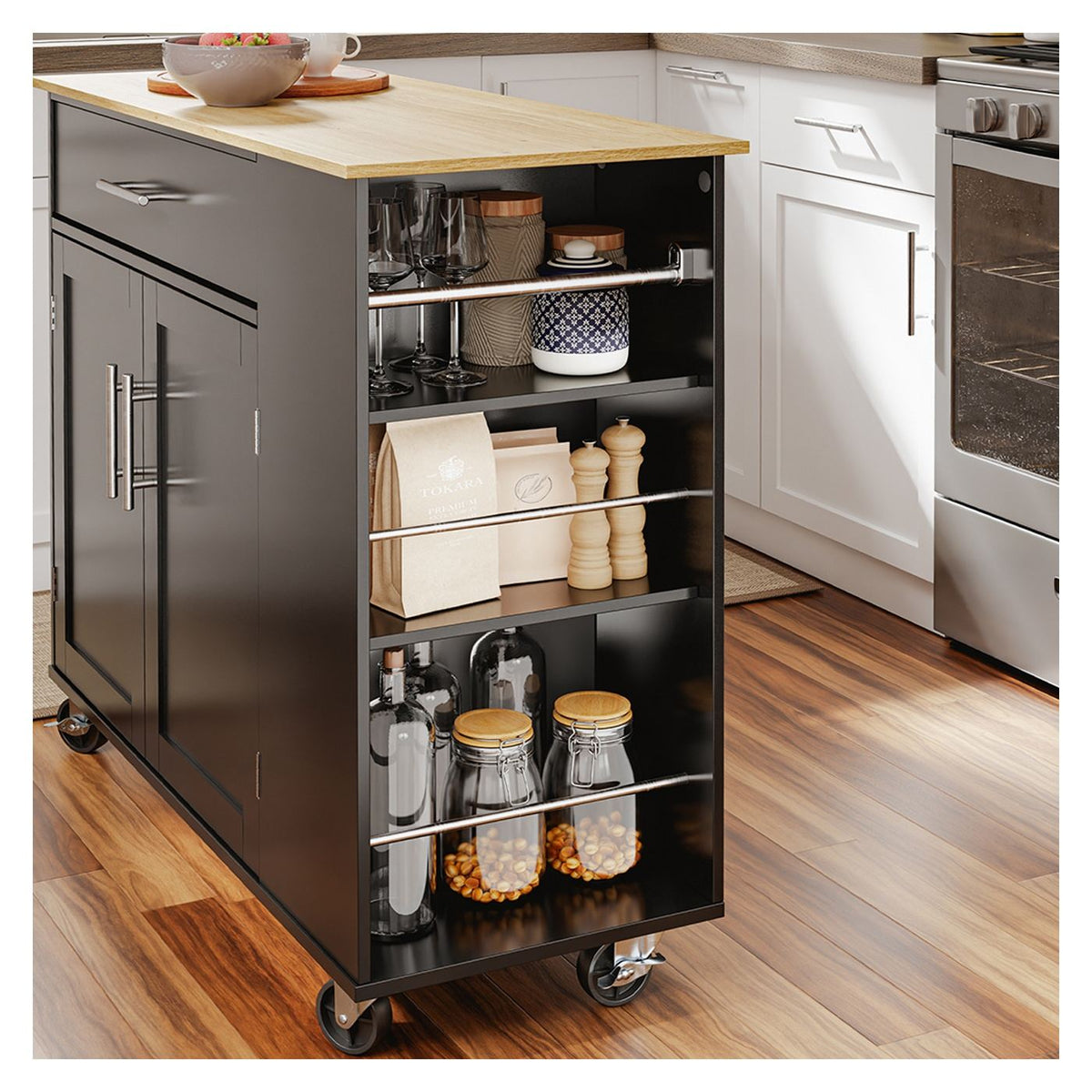 SoBuy Küchenwagen 99 x 40 x 84,3 cm – Schwarz – 2 Türen – Schublade – 4 Rollen