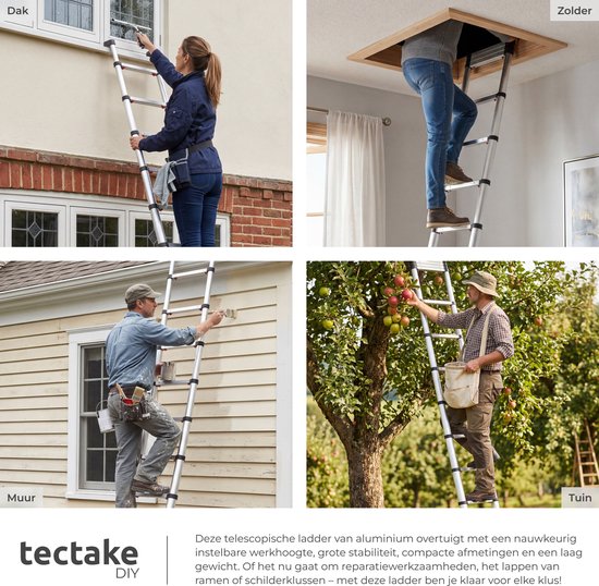 tectake® Teleskopleiter mit 13 Sprossen – Klappleiter – 3,85 Meter – Soft-Close – rutschfest – ausziehbare Teleskopleiter – Anlegeleiter – leichte Aluminiumleiter – zuverlässige Verriegelung