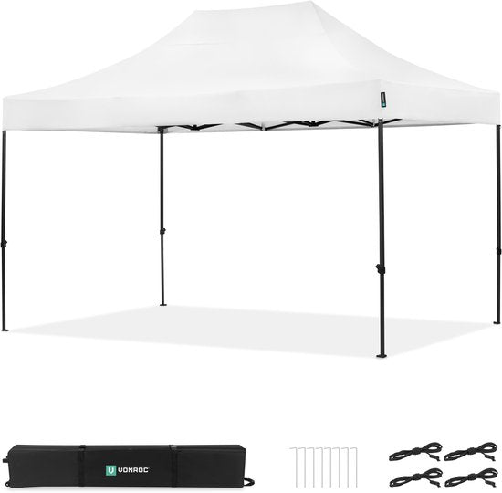 VONROC Partyzelt – 3 x 4,5 m – Premium-Easy-Up-Partyzelt – Modulares Design – Zusammenklappbar – Wasserdicht – Stahlrahmen – UV-Schutz 50+ – Inkl. Aufbewahrungstasche – Weiß