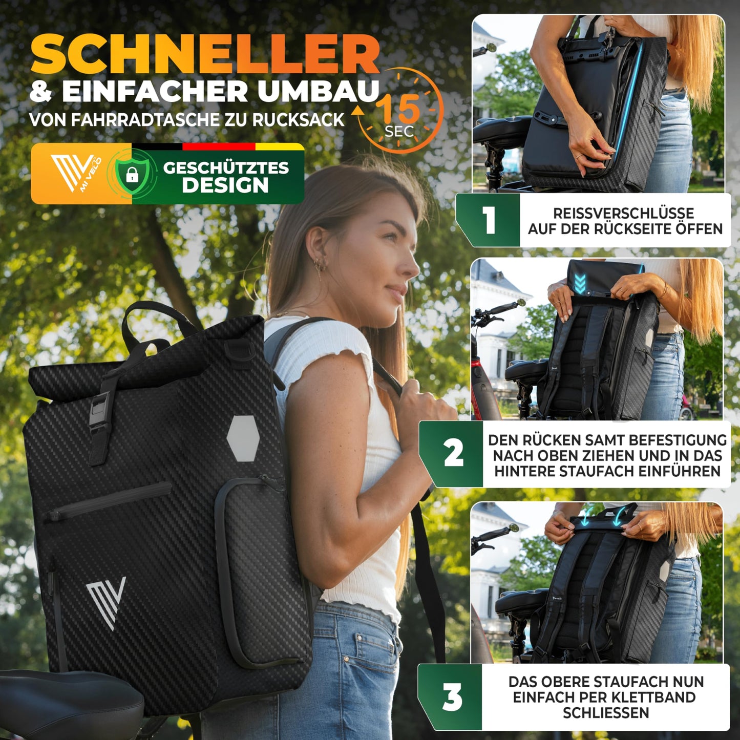 MIVELO - EVO - 25L - 3-in-1-Fahrradtasche für den Gepäckträger – 100 % wasserdicht – Schwarz Carbon