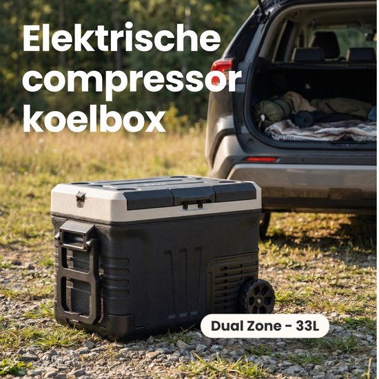 Auronic Electric Cool Box - Kompressor - 2 Zonen - 33L - 12/24V und 240V - Kühlen und Gefrieren - Campingkühlschrank - Frigobox Auto - Mit Rädern und Griff - Schwarz