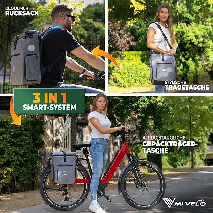 MIVELO Pannier - 3-in-1-Rucksack & Umhängetasche - Wasserdicht - 25 Liter - Grau