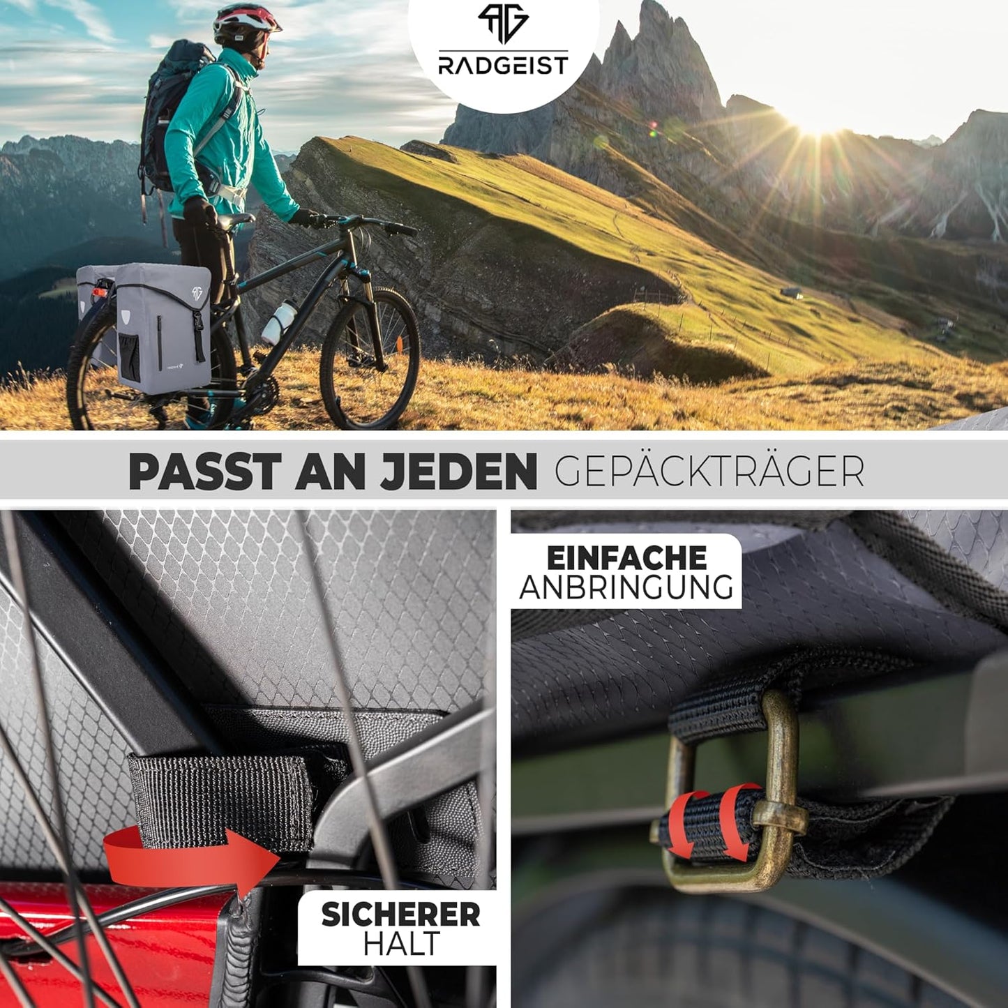 RADGEIST Fahrradtasche für Gepäckträger 100% wasserdicht I Doppelte Fahrradtasche 50 Liter - Doppelte Fahrradtasche mit einfachem Verschluss (grau)