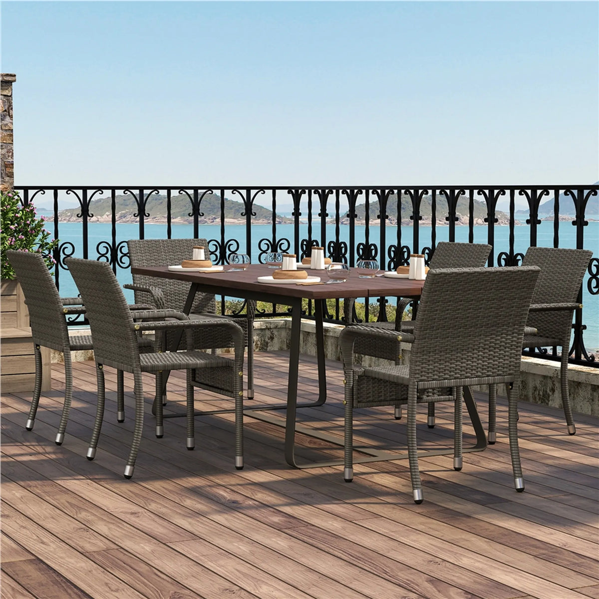 Yaheetech 2er-Set stapelbare Gartenstühle aus PE-Rattan, 58 x 58 x 84 cm – stilvolles Grau – Rattan und Metall