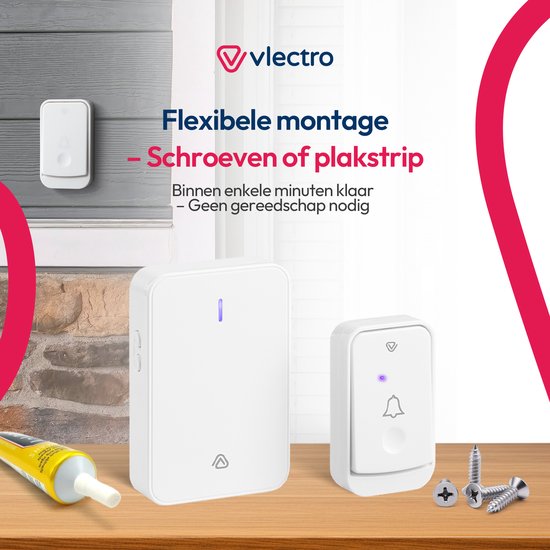 Vlectro - Drahtlose Türklingel mit 2 Empfängern - Weiß - Türklingel mit 2 Empfängern