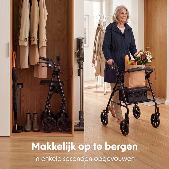 LifeGoods Basic Rollator – Leicht und zusammenklappbar (8,7 kg) – Mit Sitz und Rückenlehne – Für drinnen und draußen – Höhenverstellbar – Tragkraft bis zu 136 kg – Schwarz