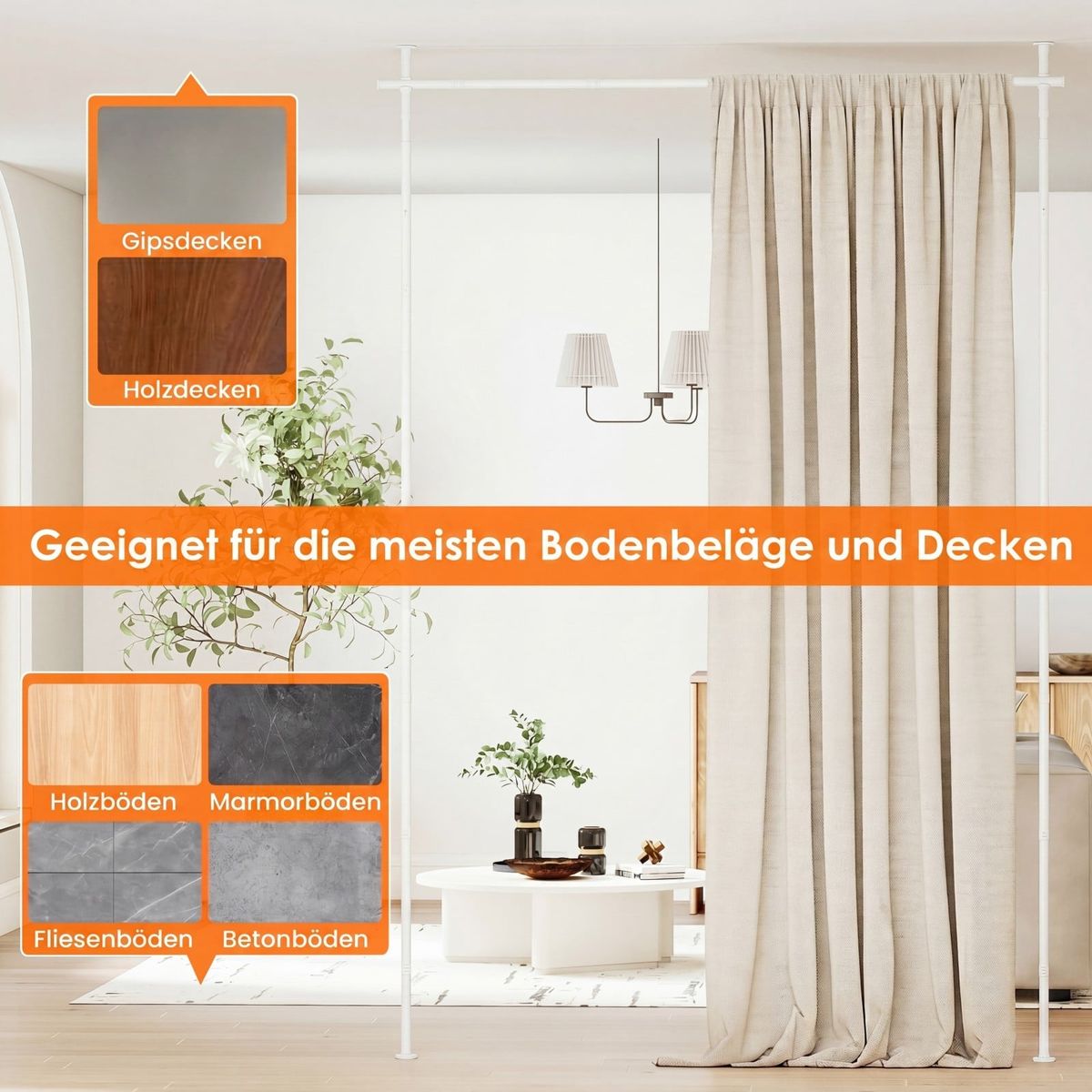 Coast Raumteiler-Vorhangsystem – ohne Bohren – in Höhe und Breite verstellbar – weiß
