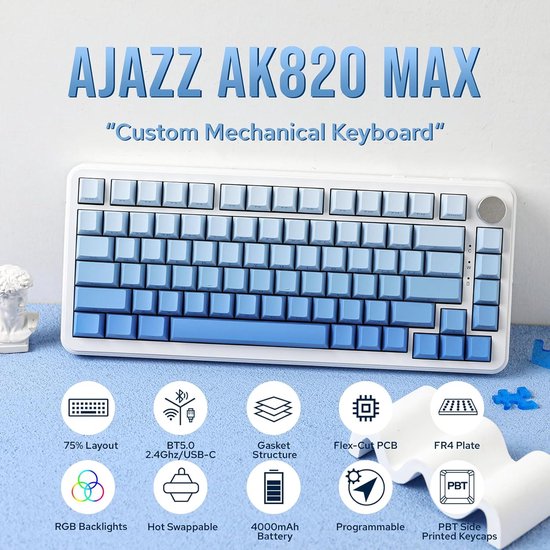 Ajazz AK820 MAX - 75% Wireless Gaming Keyboard - Mechanisch - Seitlich bedruckte Tasten - Dichtung - Hot Swap - Tri Mode - QWERTY Tastatur - 82 Tasten - Gradient Blue