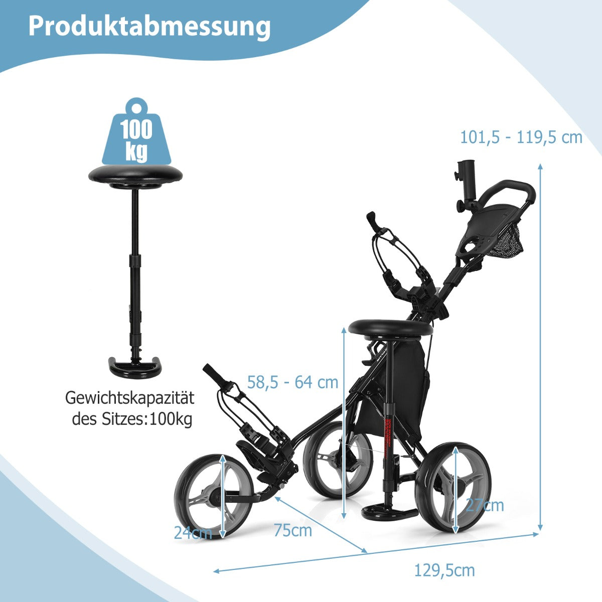 Coast Golf Trolley mit Schirmhalterung und Stuhl - 130 x 75 x 120 cm - Grau/Schwarz
