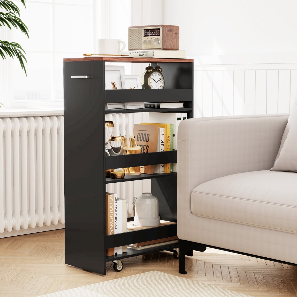 Coast schmaler Küchenwagen – 4-stöckiger Aufbewahrungswagen auf Rädern, 47,5 x 25 x 80,5 cm – Schwarz/Braun