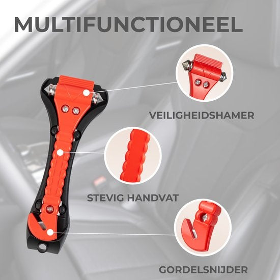 Veiligheidshamer - 1 Stuk - Noodhamer Met Gordelsnijder - Incl. Houder en bevestigingsmateriaal - Oranje