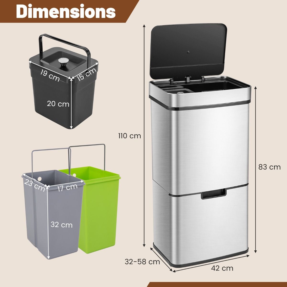 Coast 72 L Mülleimer mit Sensor - 4 Mülleimer, Silber, 42 x 32-58 x 84-110 cm, elektrischer Mülleimer mit Softverschluss für Küche und Büro