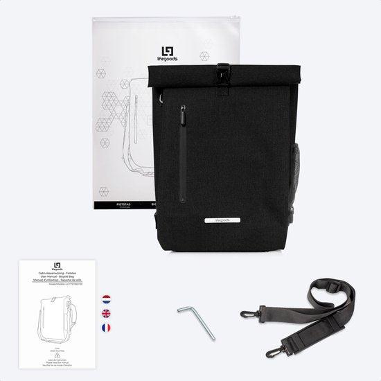 LifeGoods Single Bicycle Bag - Kompakt - Umhängetasche und Rucksack - 25L - Runder Gepäckträger - Wasserdicht - Schwarz