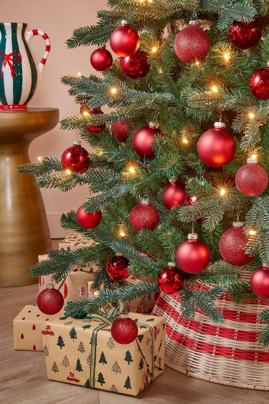 Mica Decorations Weihnachtskugeln-Set, 42 Stück – Weihnachtskugeln für eine solide Basis – Weihnachtsdekoration mit mattem, glänzendem und glitzerndem Finish – Baumspitze in verschiedenen Größen – Ø 7 cm – Rot