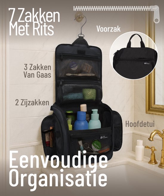 D&D Wanderlust Kulturbeutel mit Haken – Aufhängbarer, luxuriöser Reise-Organizer mit 10 Fächern – Schwarz – Unisex für Damen und Herren – 6 Liter Fassungsvermögen – Großer, hängender Reise-Kulturbeutel – Kosmetiktasche