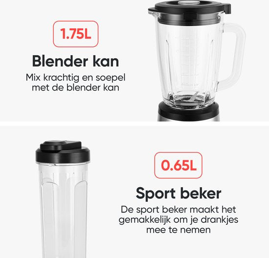 Kitchenwell Mixer - 1300 Watt - Smoothie Mixer - Mit To-Go Cup - 1,75 Liter - Glaskrug - 3 Ständer - Edelstahl - Grau