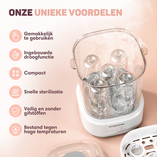 Vulpes Goods® Flaschen-Sterilisator - 5-in-1 Funktion - Mit Trocknungsfunktion & Warmhaltefunktion - Für Babyflaschen & Milchpumpen - BPA-frei - Kunststoff & Weiß