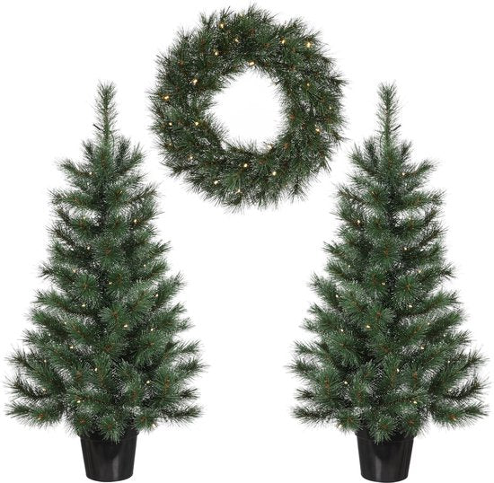 Black Box Trees Glendon Set aus 2 Weihnachtsbäumen und 1 Kranz mit LED-Lichtern - Grün