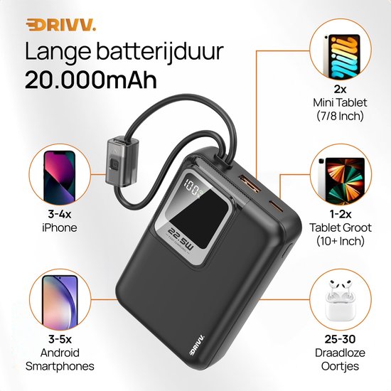 Drivv. Powerbank 20.000 mAh – Mit integriertem 8-Pin- und USB-C-Kabel – Inklusive 60-W-Ladekabel – 22,5-W-Schnellladefunktion – USB / USB-C – Notfallpaket