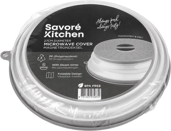 Savoré Kitchen Mikrowellen-Deckel 27 cm – zusammenklappbar – mit Dampföffnungen – BPA-frei – transparent & grau