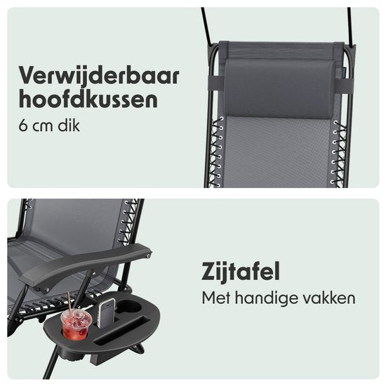 LifeGoods Faltbarer Gartenstuhl - Verstellbarer Sonnenschirm - Gartenliege - 30°-90° verstellbar - Metall - Grau