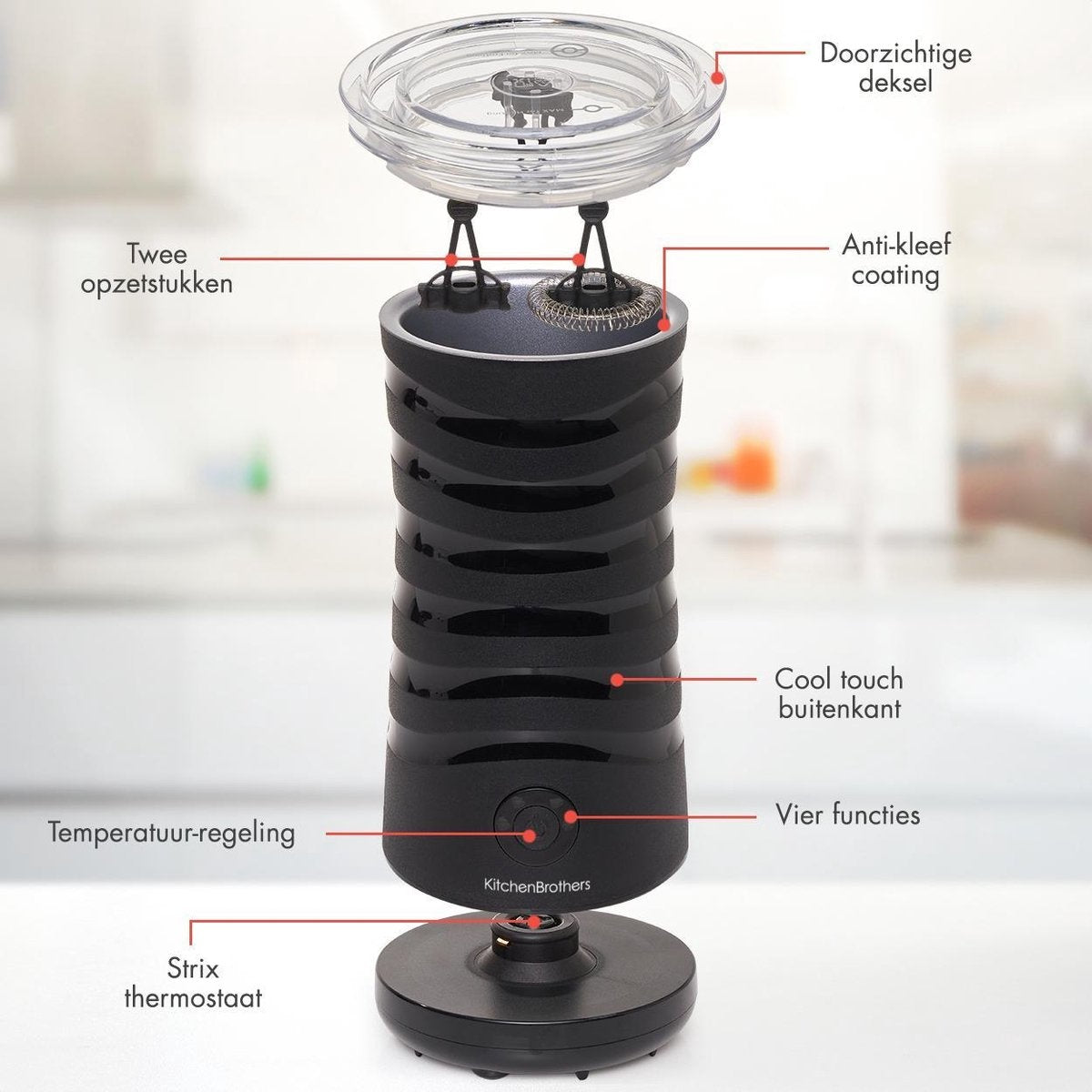 KitchenBrothers Elektrischer Milchaufschäumer - 4-in-1 - 240 ML - Schwarz