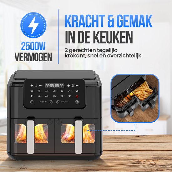Strex Airfryer XXL - 10L - 2500W - Heißluftfritteuse - Double Airfryer - 50ºC bis 200ºC - 10 Kochprogramme - Schwarz