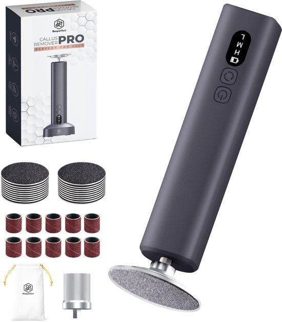 Beeperfect® Elektrischer Hornhautentferner Pro – Fußfeile – Hornhautfeile – Kabellos – Wiederaufladbar – Mit Ladestation – 60 Schleifblätter – Schwarz