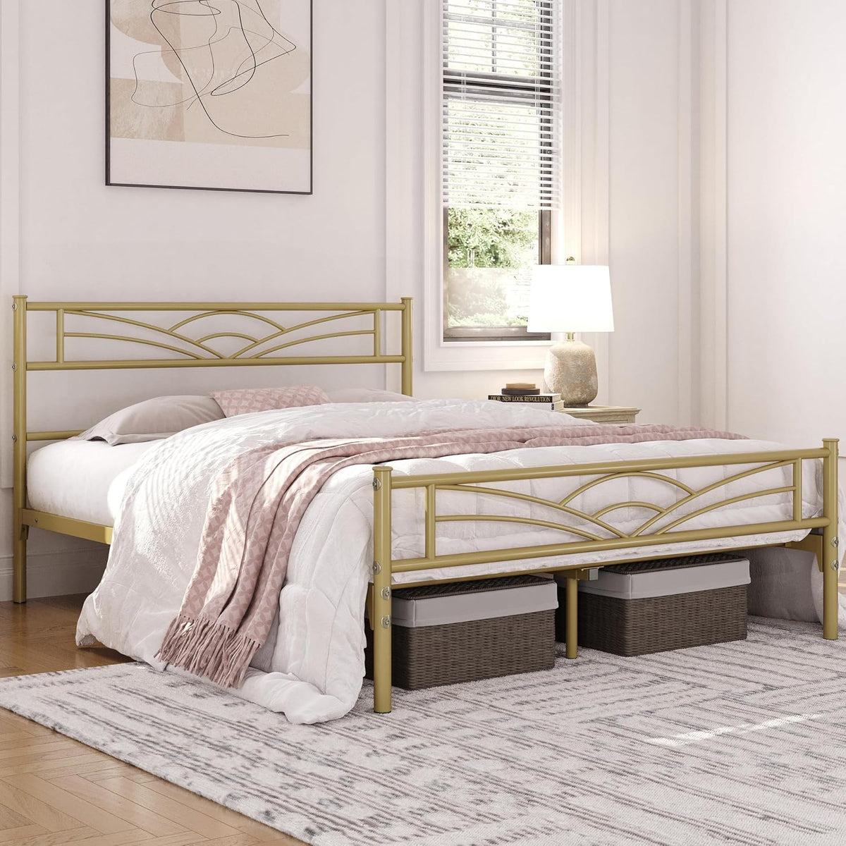 Yaheetech Metall-Bettgestell 140 x 200 cm – Antikgold – Modernes Jugendbett mit Lattenrost und großzügigem Stauraum