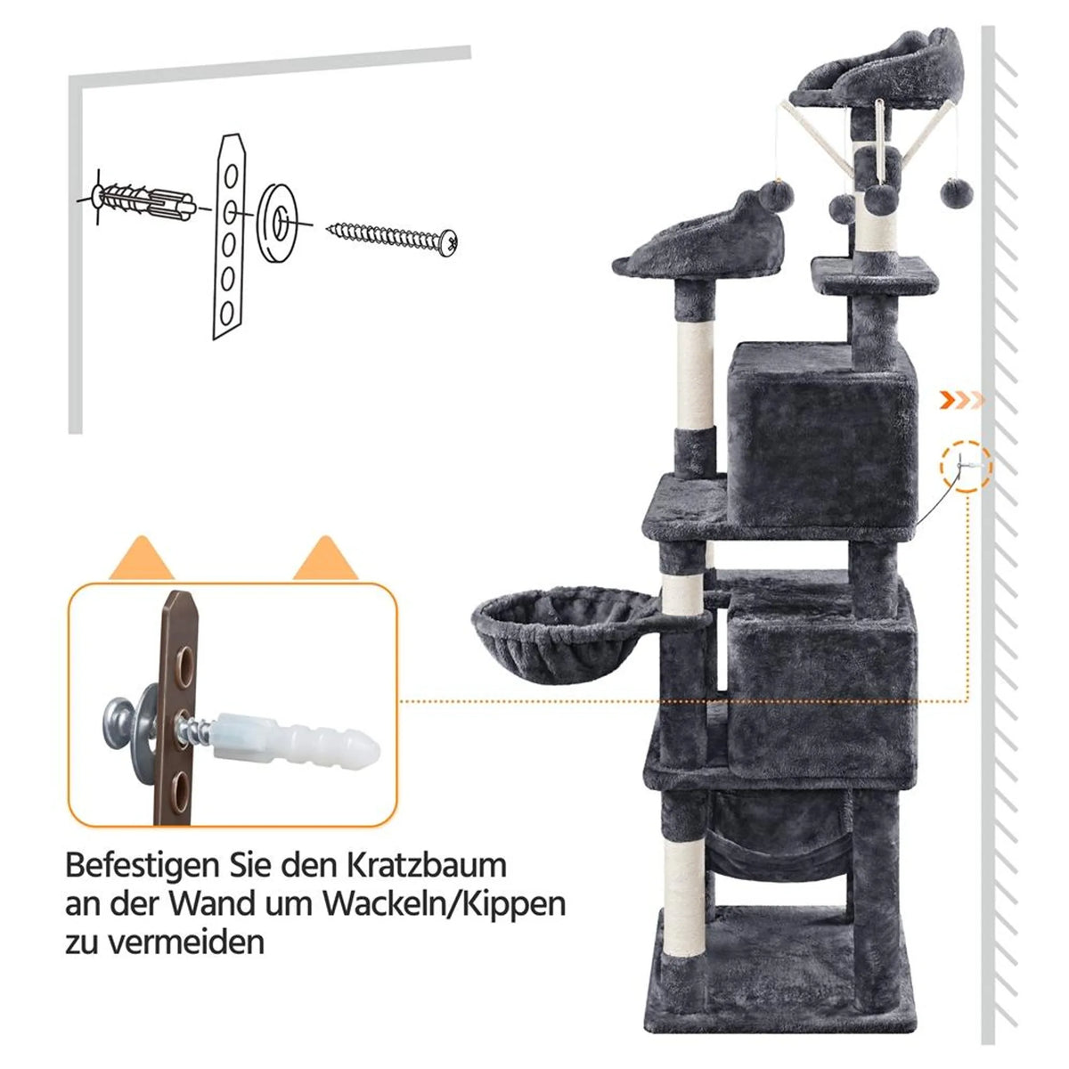 Yaheetech Katzenpfosten XXL mit 2 Aussichtsplattformen - Ausgestattet mit 2 Katzenlöchern und Hängematte und 7 Sisalpfosten - Für Haushalte mit mehreren Katzen - Dunkelgrauer Plüsch und Sisal - 55,5 x 45,5 x 170 cm