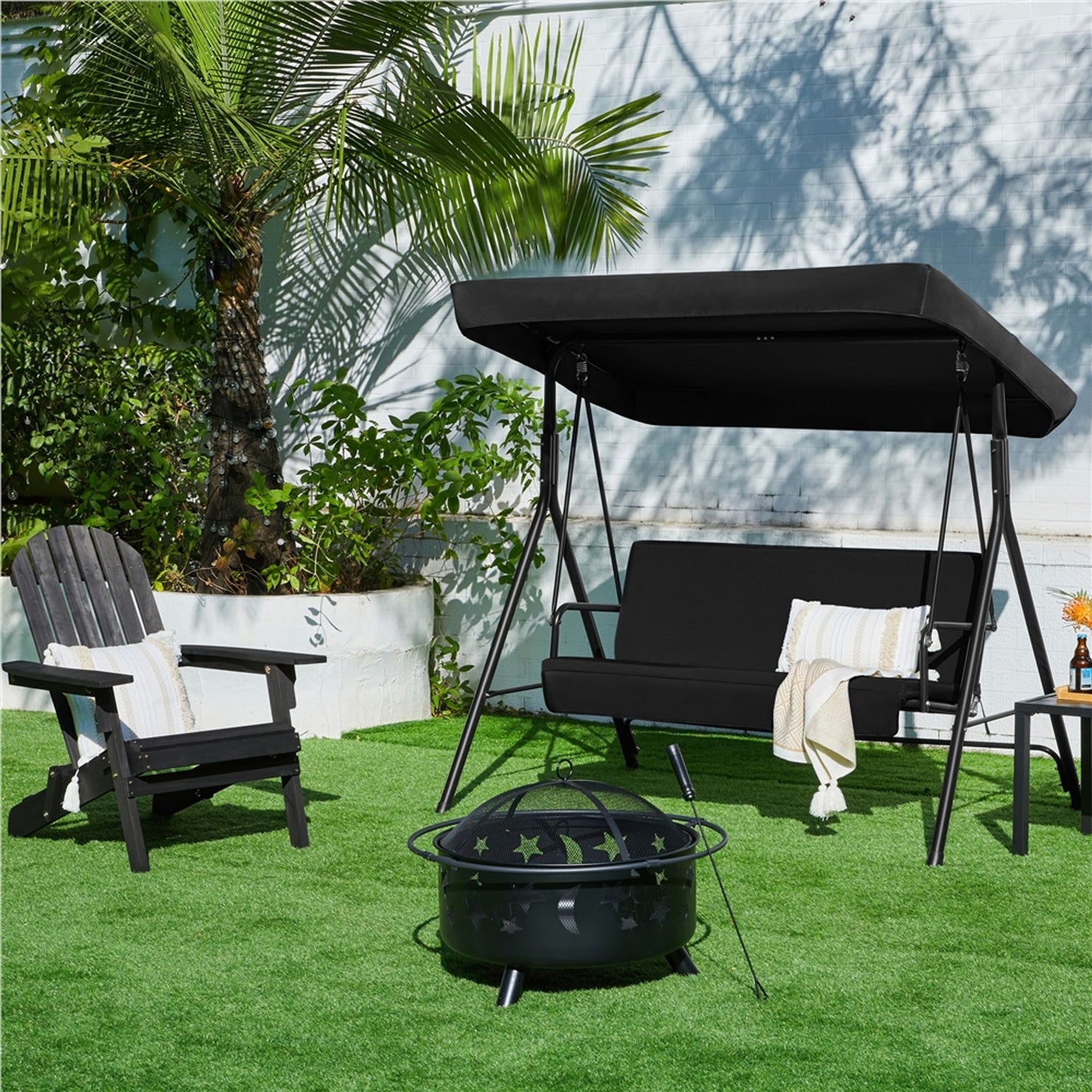 Yaheetech 3-Sitzer-Hollywood-Schaukelstuhl mit verstellbarem Sonnendach – 170 x 112,5 x 162,5 cm – Schwarz