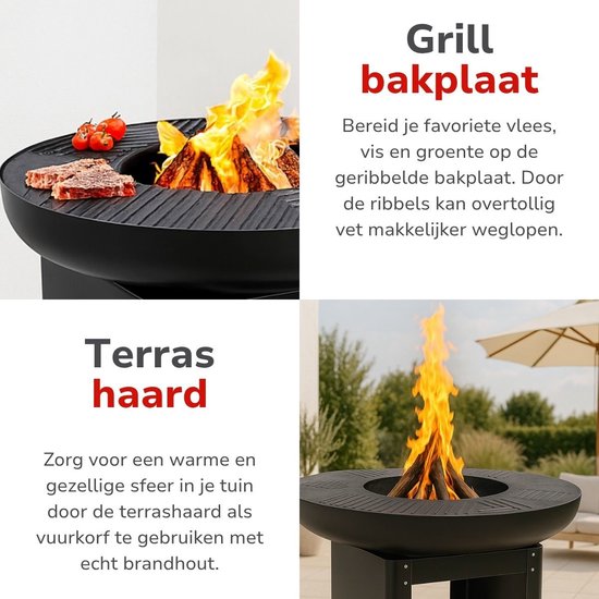 Alpina 3-in-1-Feuerkorb und Grillplatte – Gartenkamin 61 x 90 cm – mit Teppanyaki-Grillplatte – Plancha-Grill mit Holzlager – Feuerkorb für den Außenbereich – Metall