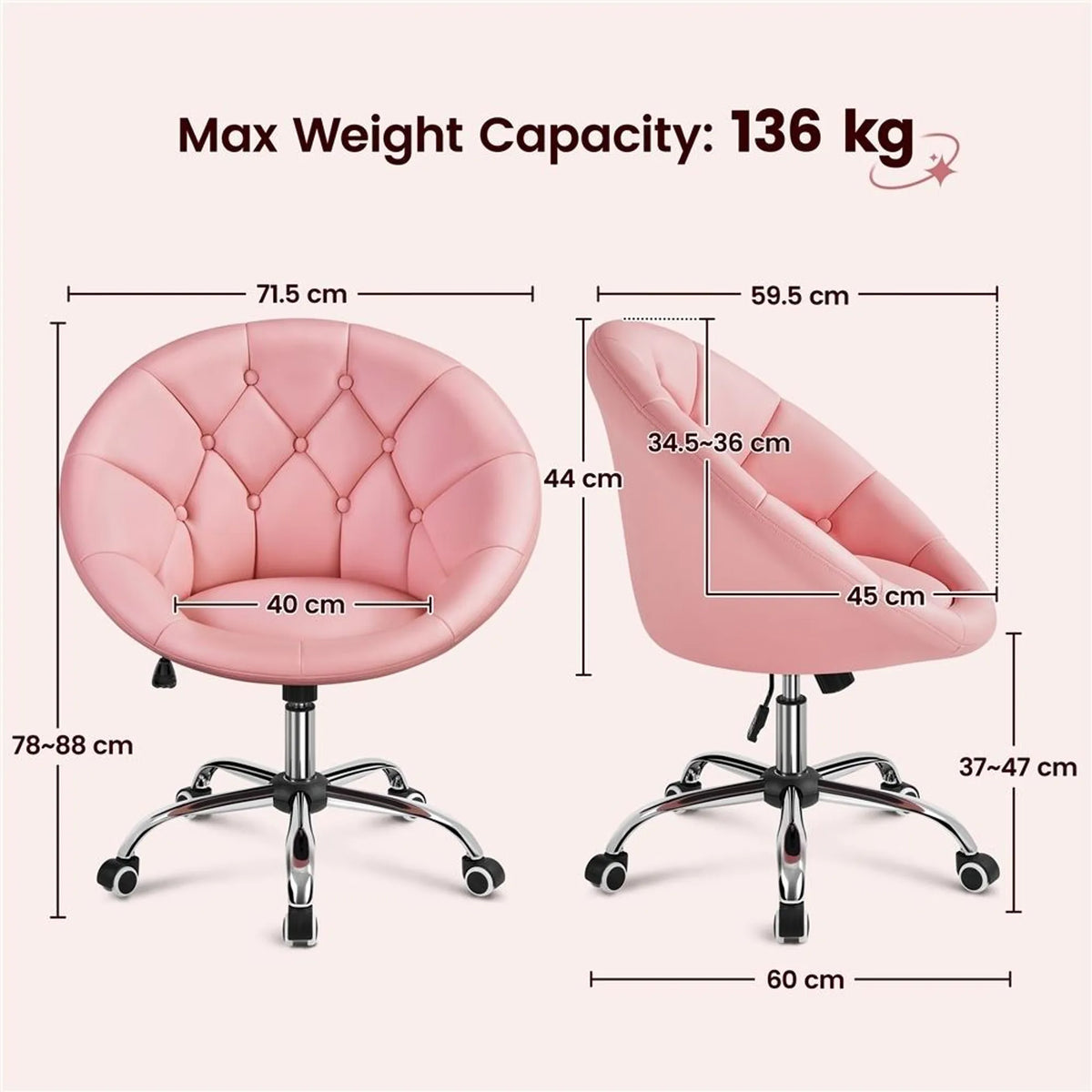 Yaheetech Bequemer Drehstuhl in Tonnenform 78–88 cm – Stimmungsvolles Rosa – Kunstleder und Metall