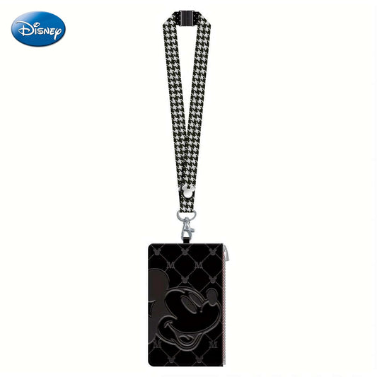 Disney Mickey-Mouse-Lanyard-Kartenetui, offiziell lizenziert, Hahnentrittmuster, Film- und Anime-Motiv, stilvolles Accessoire, schwarz