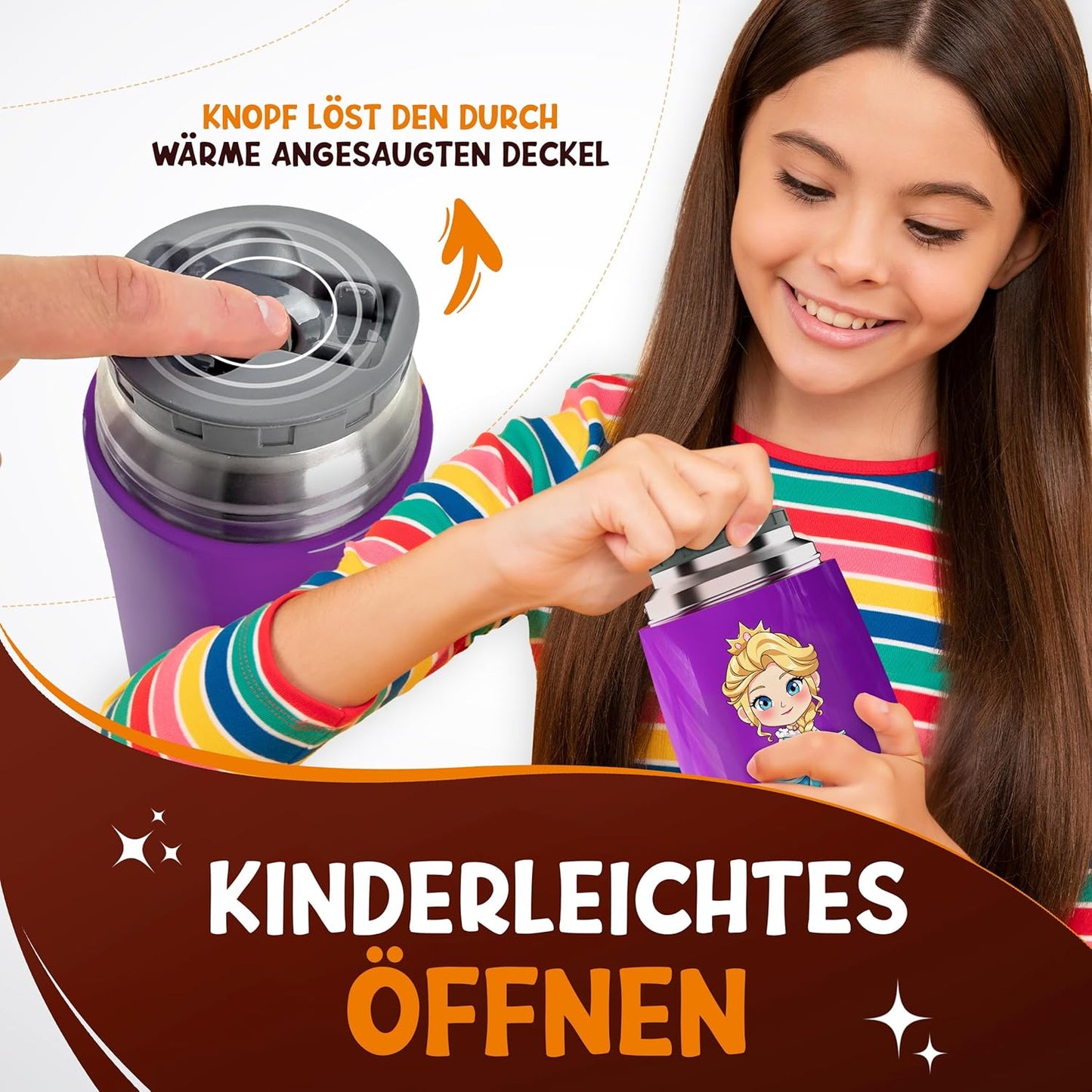 Funkelfuchs® Babykost Thermobecher - 500ml, lila Prinzessin - 100% auslaufsicher - Edelstahl Thermobecher - Thermobecher - Thermolunchbox - Babynahrung