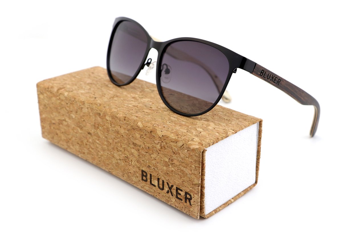 Bluxer® Holzsonnenbrille - Unisex polarisierte UV400 Sonnenbrille - Schwarzer Edelstahlrahmen mit Ebenholzfurnier - Graue Gläser - 145 mm x 50 mm