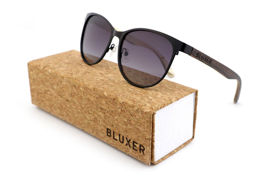 Bluxer® Holzsonnenbrille - Unisex polarisierte UV400 Sonnenbrille - Schwarzer Edelstahlrahmen mit Ebenholzfurnier - Graue Gläser - 145 mm x 50 mm