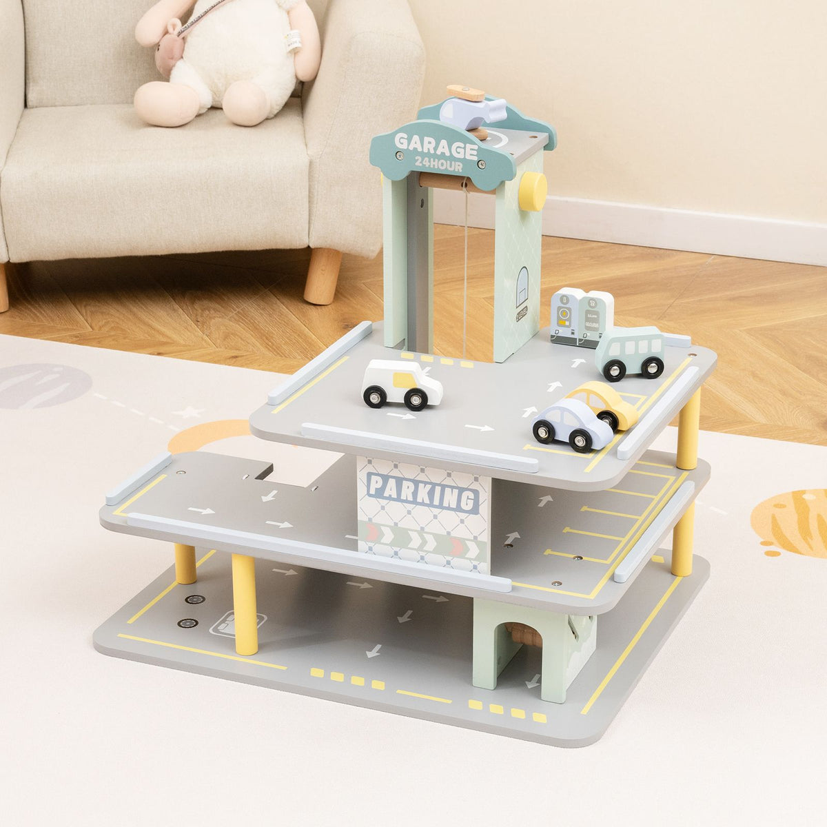 Coast 3-Schicht-Holzspielgarage mit 4 Autos und Hubschrauber - 50x40x47 cm - Mehrfarbig