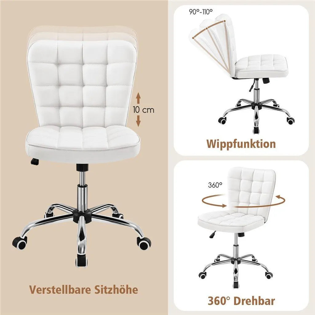 Yaheetech Ergonomischer Bürostuhl - Drehstuhl - Verstellbarer Sitz - Ohne Armlehnen - Kunstleder - Weiß